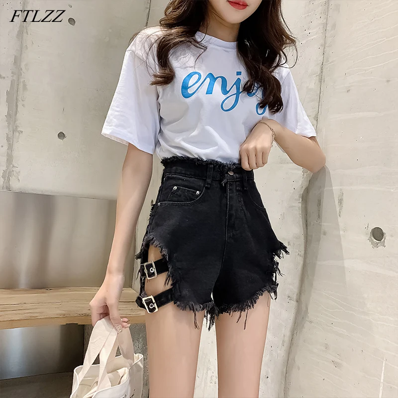 

FTLZZ New Women Streetwear Black Hole Denim Shorts Casual Summer Female High Waist Bandage Tassel Ladies Shorts