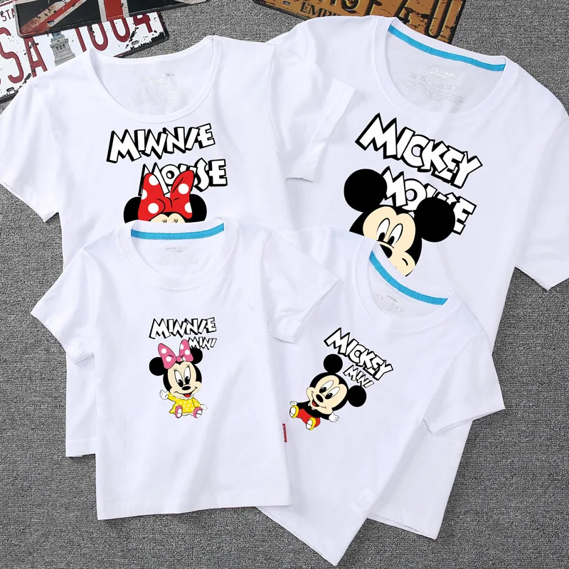 

Летняя Милая мультяшная футболка Disney с Микки и Минни, разноцветная футболка из чистого хлопка для родителей и детей, разноцветная футболка, ...
