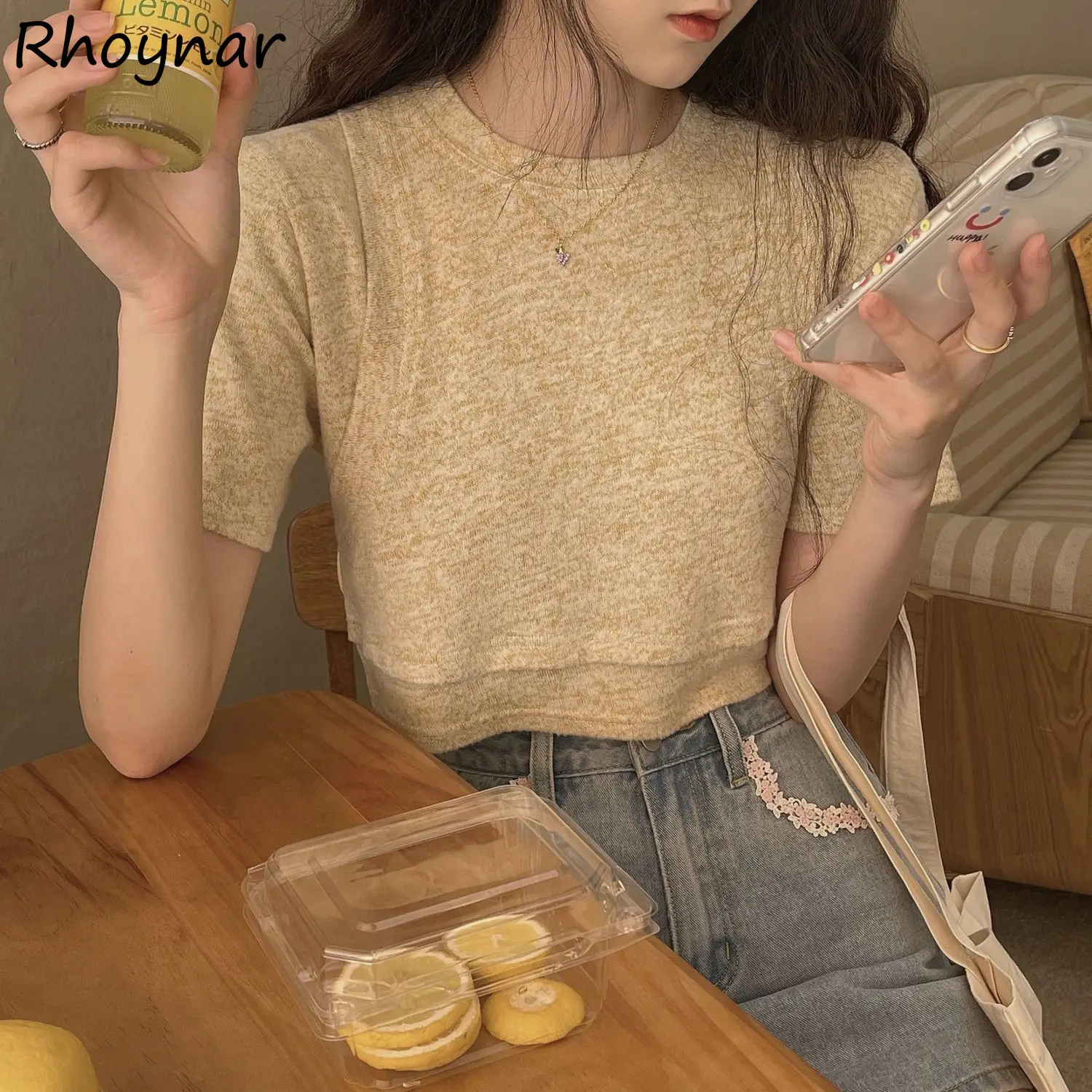 

T-shirts Summer Women Thin Vintage Fashion Crop Tops Korean Style Casual Short Sleeve O-neck Slim Party Tees All-match Street