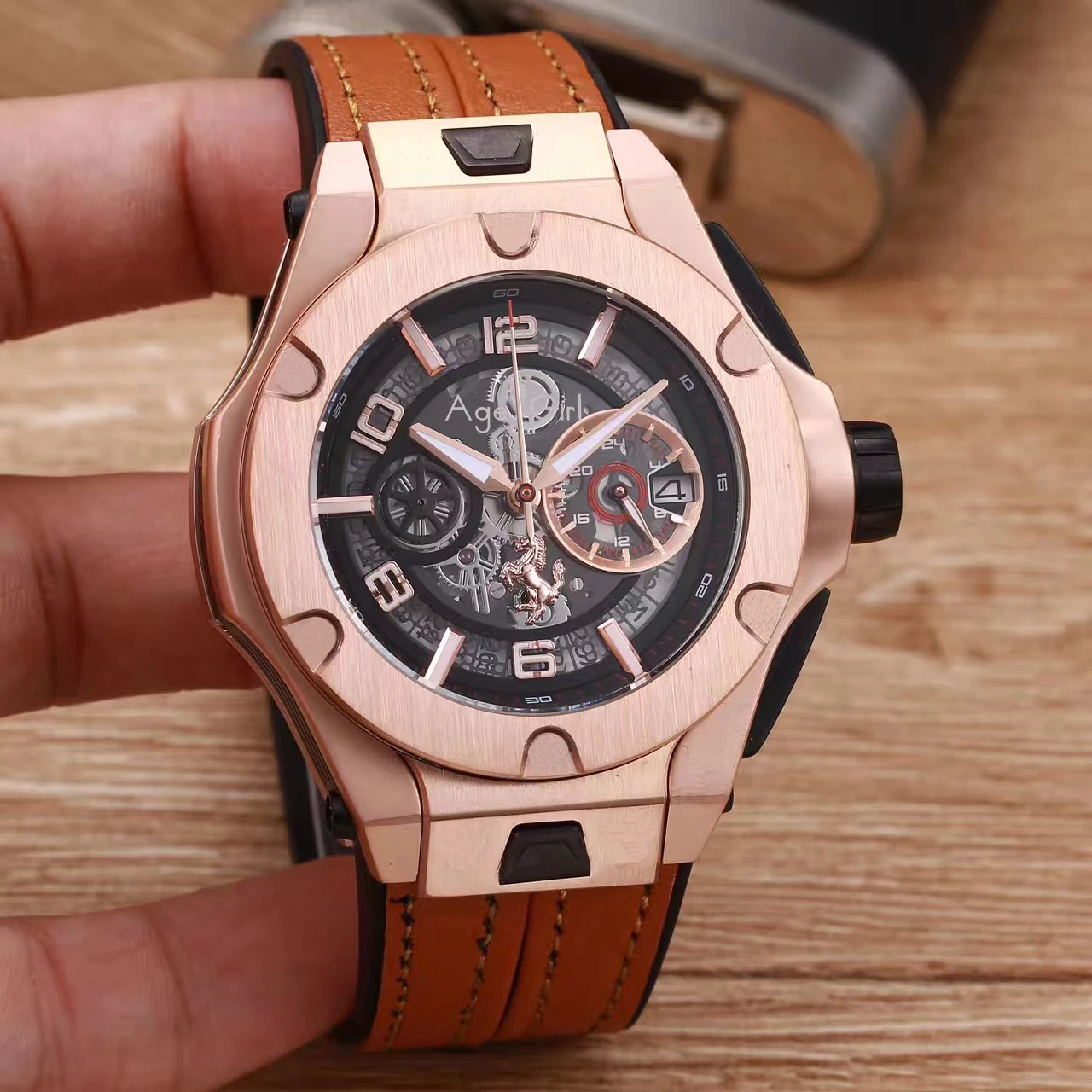 

Luxury Brand New Men Stainless Steel Rose Gold Union Code Black Red Line Leather Brown Luminous Chronograph Sapphire Watch