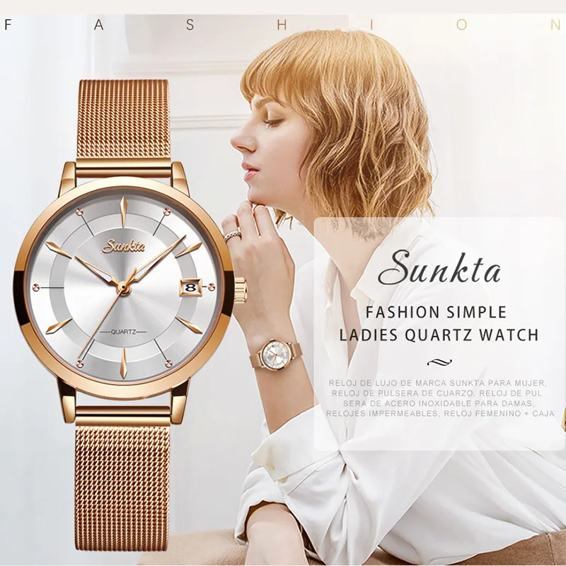 

SUNKTA Luxury Crystal Watch Women Top Brand Rose Gold Steel Mesh Ladies Wrist Watches Bracelet Girl Clock Relogio Feminino +Box