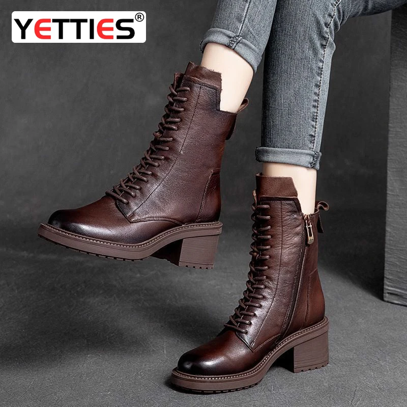 

Leather Vintage high heel Knight boots women's short boots round head thick heel versatile middle tube winter warm cotton boots