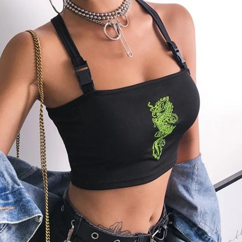 

2023 Fashion Women Sexy Hot Summer Buckle Vest Boob Tube Crop Top Bralet Sheer Dragon Embroidery Stylish Cami Tank Top