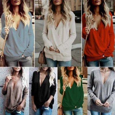 

Woolen Long-Sleeved Loose Large V-Neck Stitching Crossover T Shirt Autumn/Winter European and American