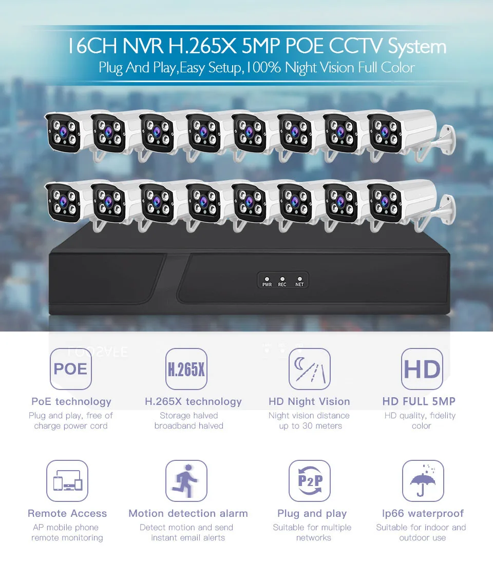 16CH 5MP POE NVR система безопасности комплект Открытый 1080p водонепроницаемый P2P IP Cam HDD Onvif CCTV Аудио Видео камеры наблюдения