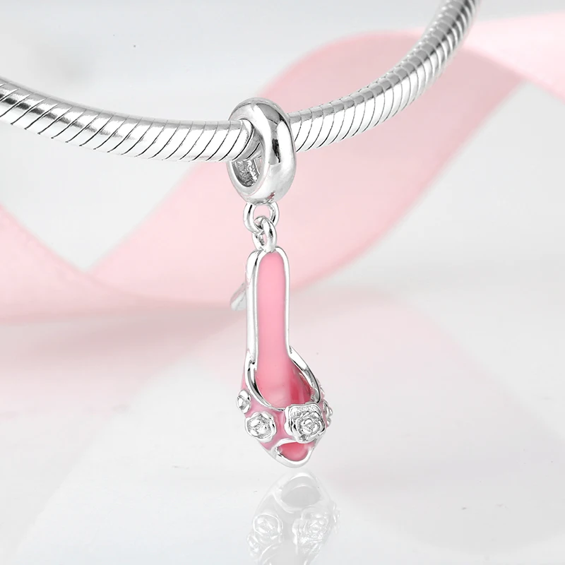 925 Серебряная розовая роза эмаль Обувь на высоких каблуках элегантный балетный