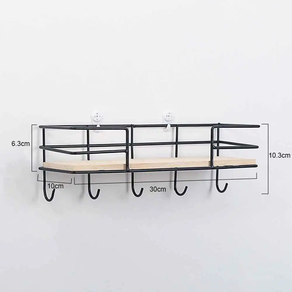 

Creative Iron Wood Wall Storage Rack With Hooks Home Decorations Wrought Iron Hanging Basket Multi-Function Hook Bedroom Shelf