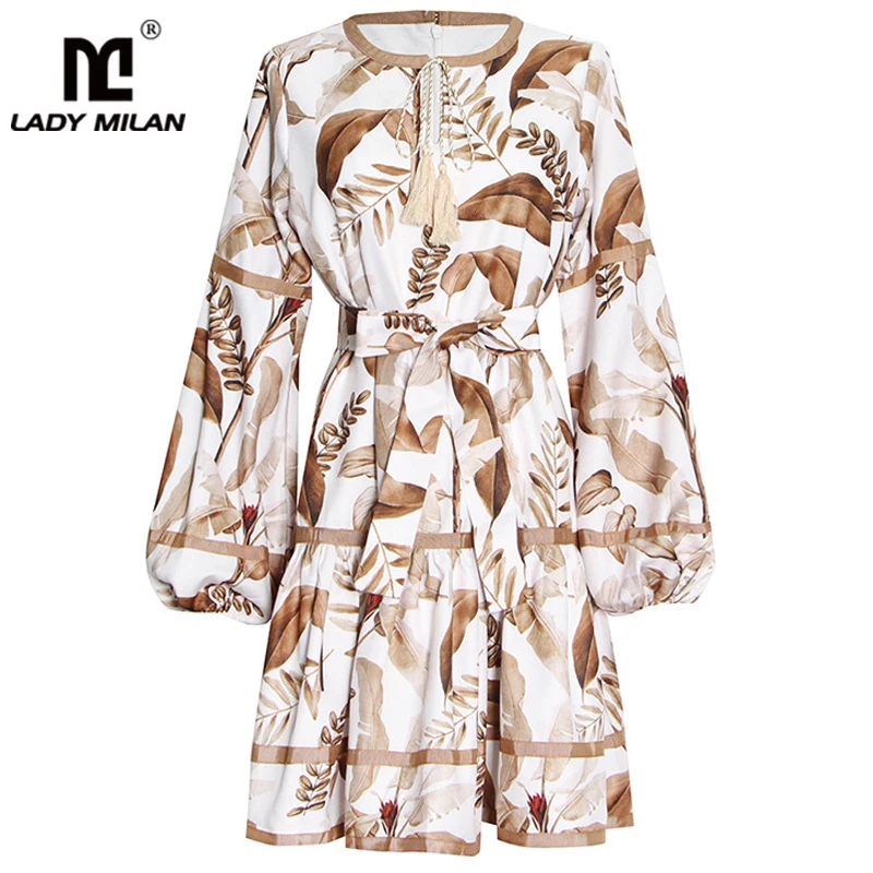 

Женское платье с круглым вырезом, длинными рукавами-фонариками, поясом и принтом, Модные Короткие повседневные платья