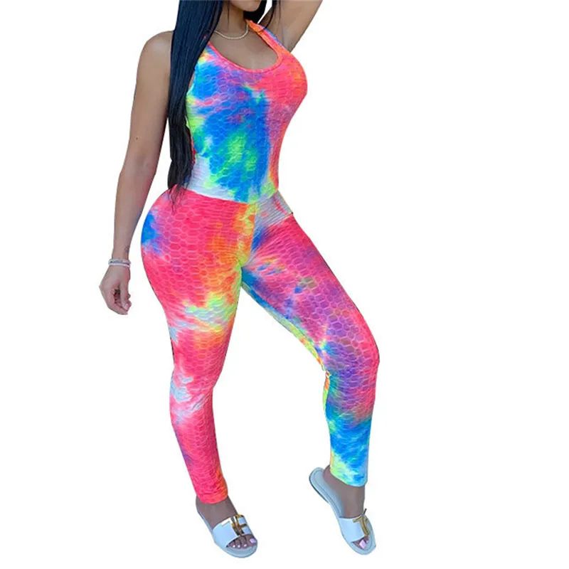 

Summer Ladies Sleeveless Jumpsuit Women Random Tie Dyeing Racking Pattern Backless U-neck Skinny Bodysuit Sexy Siamese Trousers