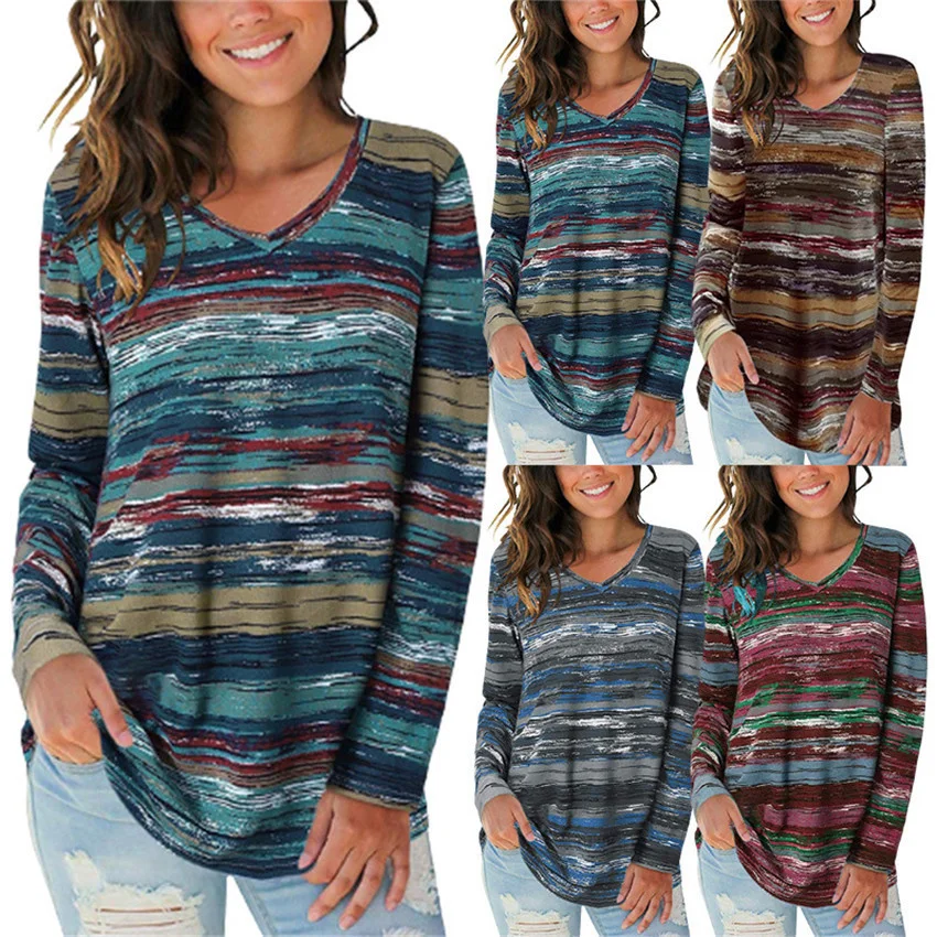 

New women's digital print V-Neck long sleeve T-shirt in autumn and winter of 2021