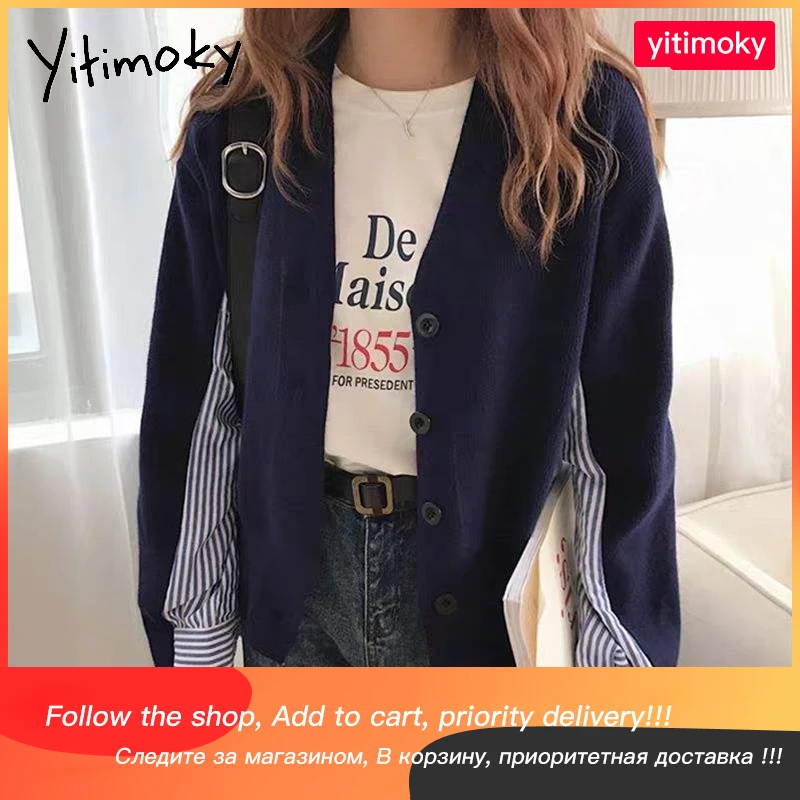 

Женский свитер Yitimoky с V-образным вырезом, рубашка в полоску, модель сезона весна-осень 2021 года, однобортный Топ из хлопка, корейский шикарный ...