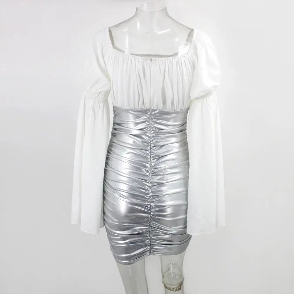 Осеннее шифоновое лоскутное белое сексуальное платье из искусственной кожи