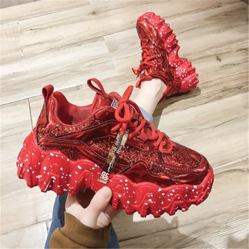 

Spring Women's Chunky Sneakers Fashion Women Platform Shoes Bling Sequined Lace-Up Vulcanize Shoes Female Trainers Dad Shoes