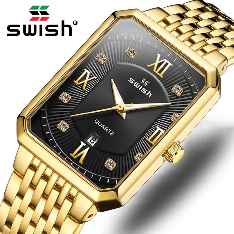 Watches Mens Top Luxury Brand Designer Rectangle Gold Black Steel Watches for Man Waterproof Sports Quartz Wristwatch Relogio