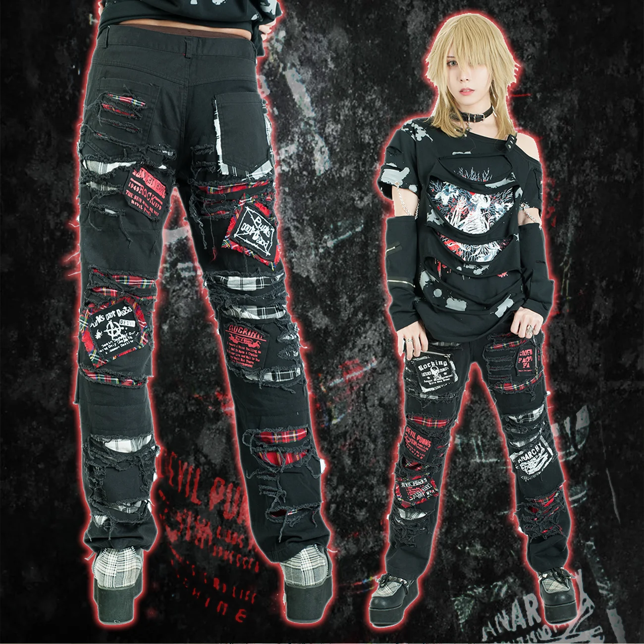 

OO classic Yingpeng rock cut SCOTTISH PLAID badge decadent pants ga098 emo
