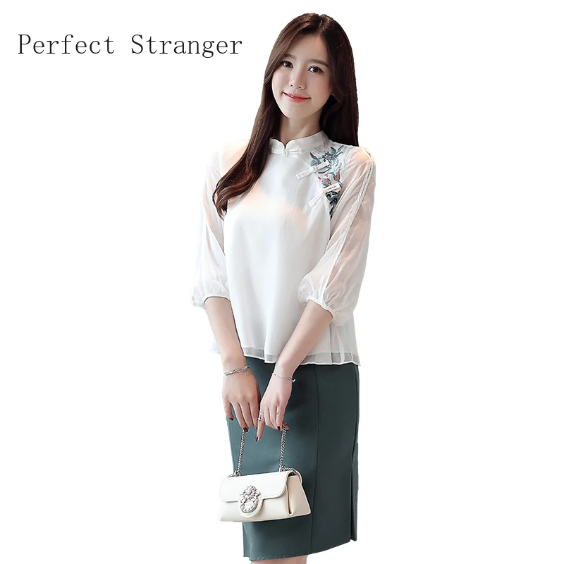 

Xinmei 2020 New Arrival High Quality Stand Collar Three Quarter Sleeve Printed Women Chiffon Blouse High Quality