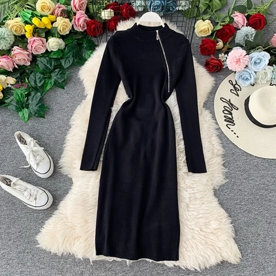 Осенне-зимнее женское платье-свитер с длинным рукавом эластичное трикотажное