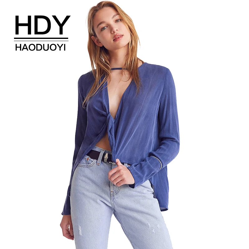 HDY Haoduoyi Apparel Solid Color Deep V neck Hollow Out Sexy Women Shirts Full Sleeve Lace up Ruched Tops Loose Casual Blouses|casual blouse|women
