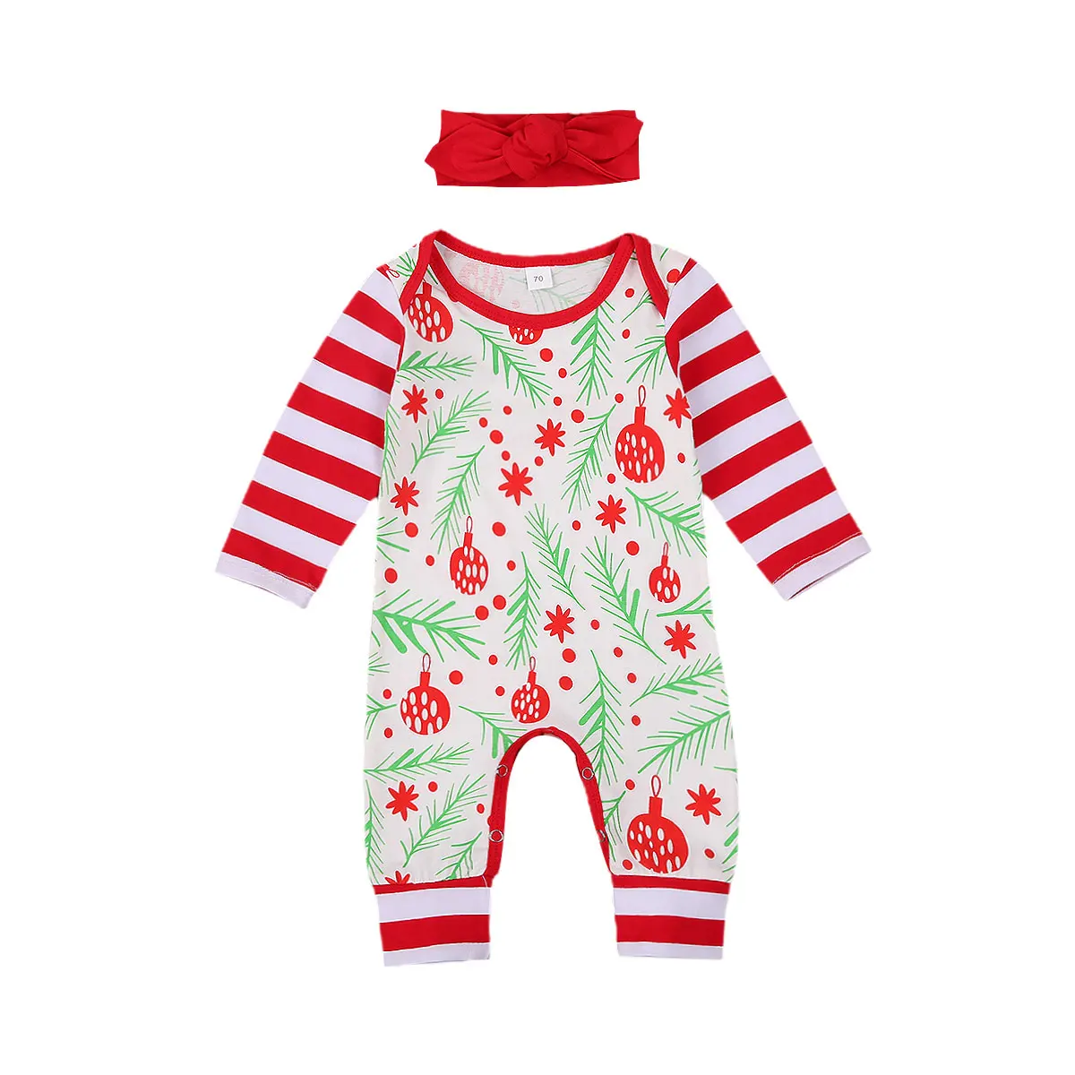 

2020 Baby Girls Christmas Clothing Set Newborn Striped Long Sleeve Jumpsuit Xmas Belt Print Round Neck Romper + Headband 0-18M