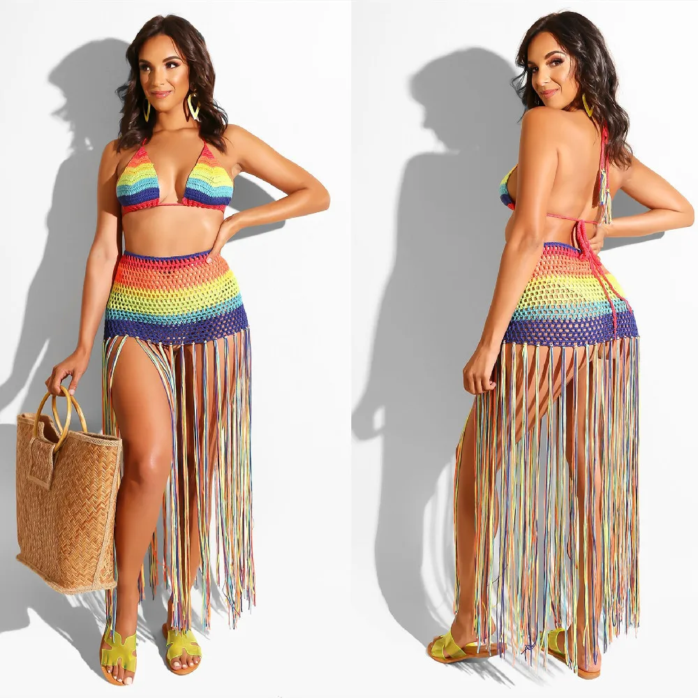 Вязаное крючком пляжное платье ручной работы накидка с радужной кисточкой