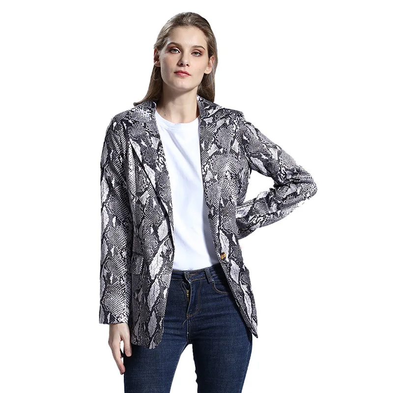 

European and American Small Suit Pop Hot Selling Sexy Snakeskin Print Open Long-sleeved Fashion Coat Woman