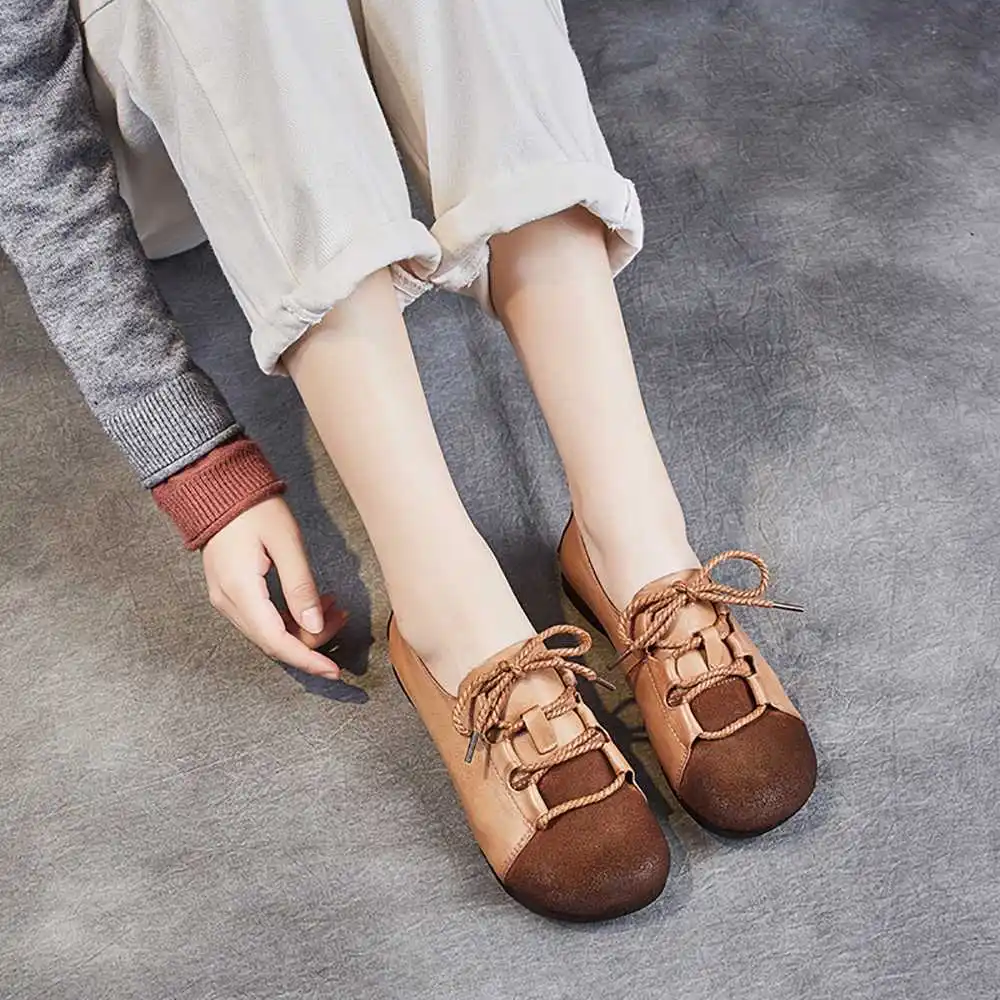 

SOCOFY Women Retro Style Flats Leather Solid Color Splicing Round Toe Comfy Lace-up Casual Flat Shoes Casual Outdoor Shoes 2020