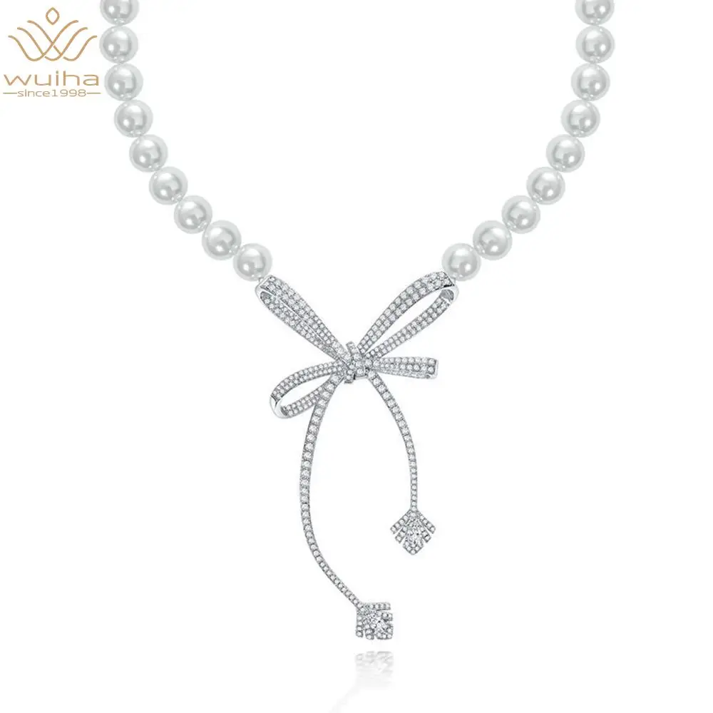 

WUIHA 100% 925 Sterling Silver Bowknot Pearl Necklaces For Women Wedding Engagement Strand Chain Necklace Fine Jewelry Wholesale