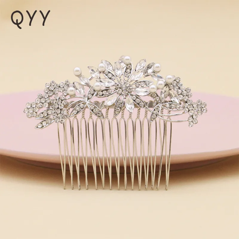

QYY Fashion Crystal Bridal Wedding Hair Accessories Silver Color Rhinestone Hair Jewelry Ornament Hair Combs Women Hairpieces