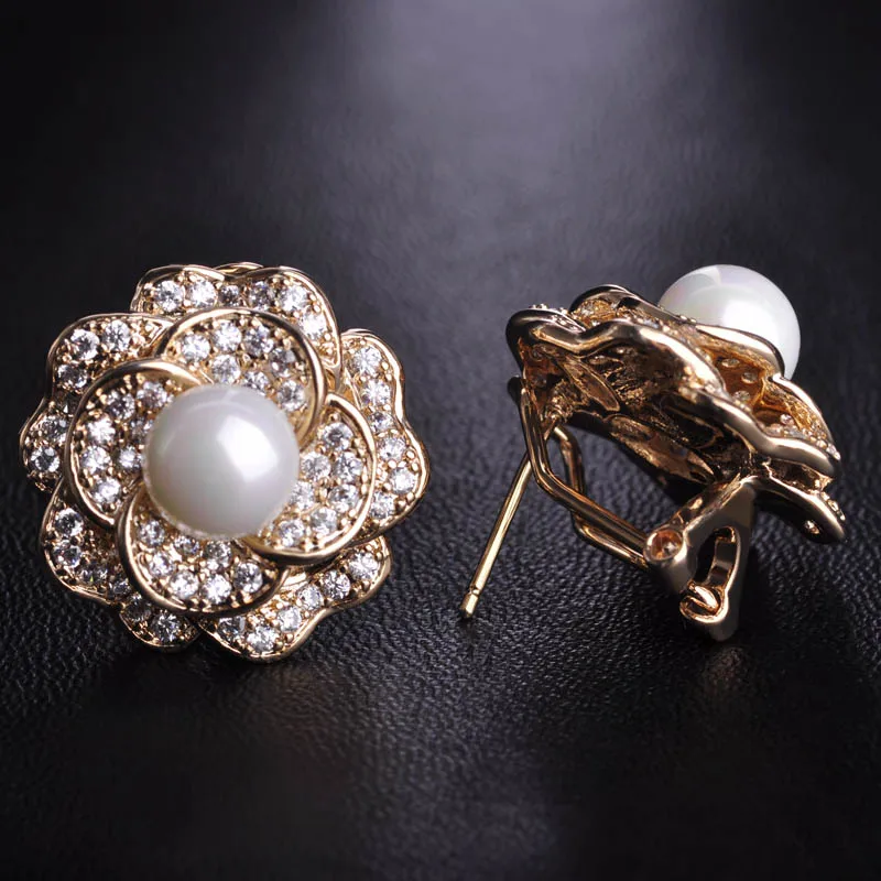 MECHOSEN Luxury AAA Zircon Necklace&ampEarrings&ampRing Set Multilayer Rose Flower Pendientes Copper Brincos Pearl Anel Bridal Schmuck |