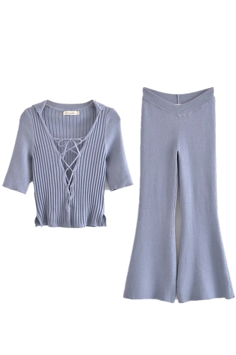 

2021 autumn and winter new lapel dark purple tie short-sleeved knitted cardigan shirt T-shirt + flared trousers women's suit