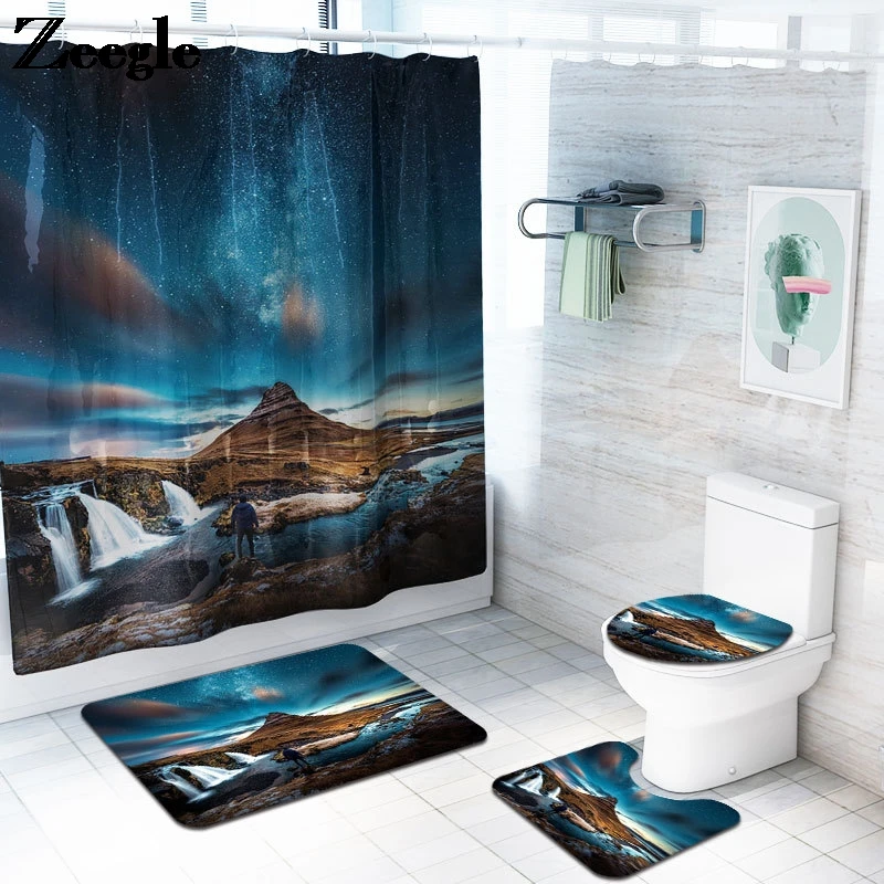 

Scenic Bath Mat Set Waterproof Shower Curtain Scenic Floor Mat Anti Slip Bathroom Mats and Rugs Set Non-slip Toilet Carpet