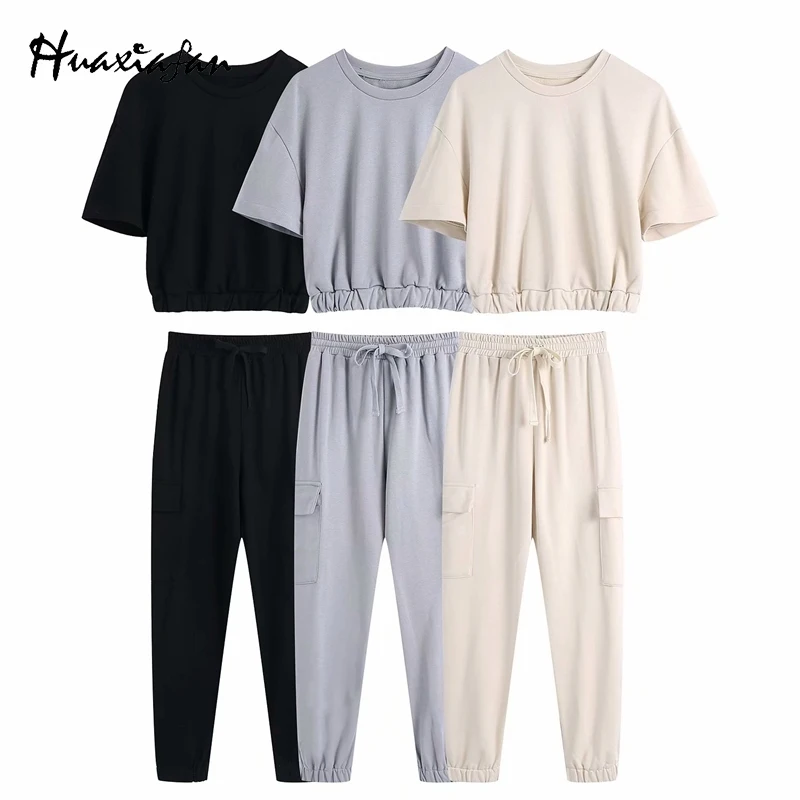 

Huaxiafan Loose Pants for Women Elastic Waist Sports Gym Solid Grey Ladies ZA Long Pants Bottom Home Female 2021 New Fashion