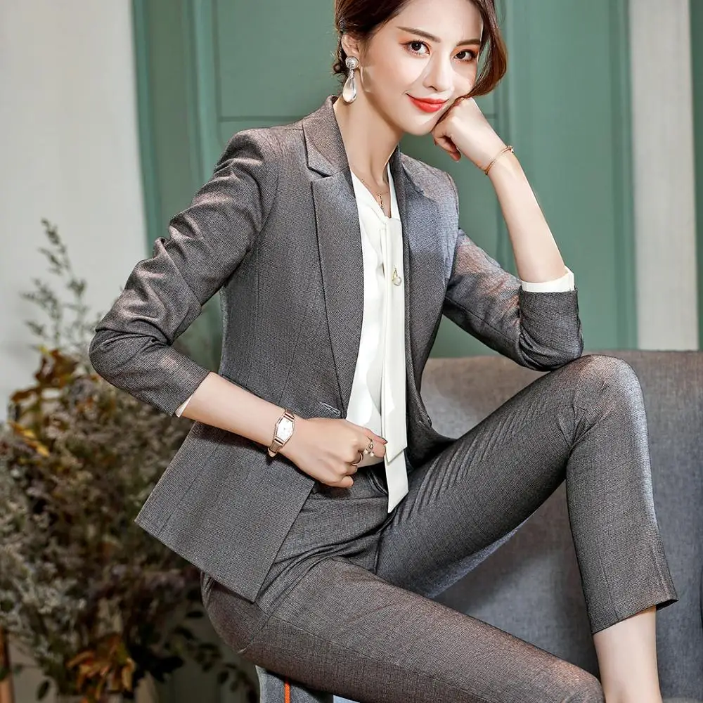 

Elegant women pant suit set fashion solid suit Jackets And trousers 2 Piece sets for office lady business hotel interview wear