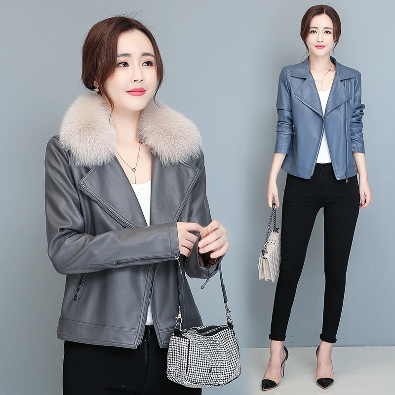 

Real Fox Fur Collar Women Pu Leather Jacket Women Moto Biker Zipper Jacket 2020 New Autumn Short Casual Black Faux Leather Coats