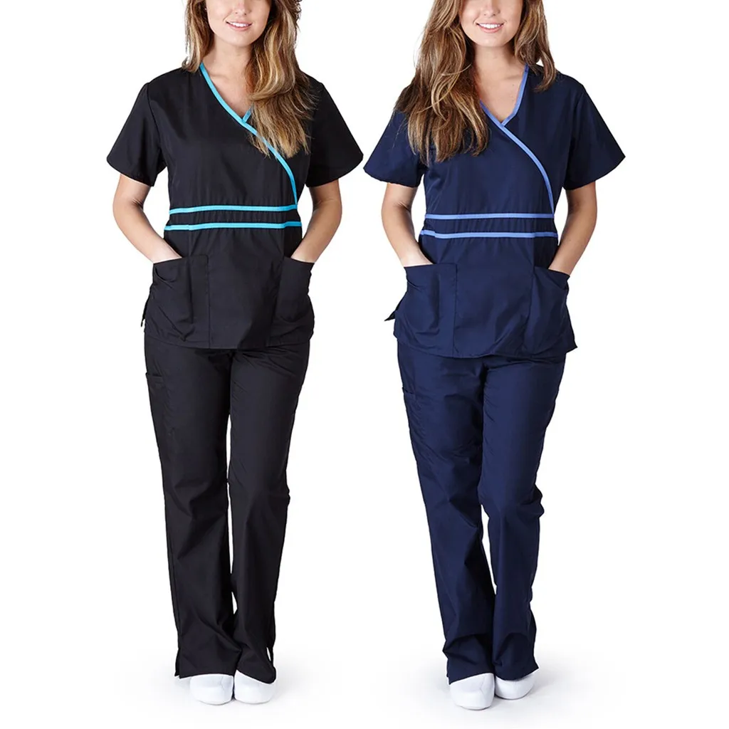 

2021 Casual Women Bandage Nurse Uniform Set Solid Short Sleeve V-neck With Pocket Nurse Tshirt Tops+Pants Nursing Working Set