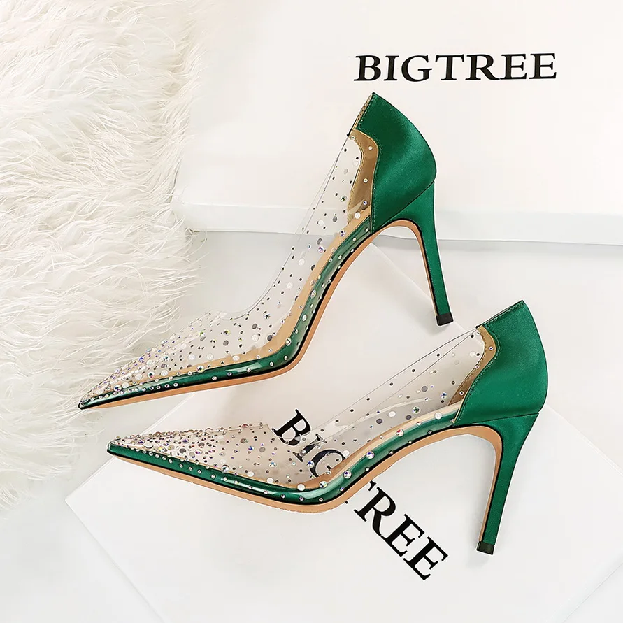 Купи BIGTREE Fashion Green Rhinestone PVC Transparent Women Pumps Spring Autumn Stiletto High Heels Sexy Party Wedding Shoes за 1,133 рублей в магазине AliExpress