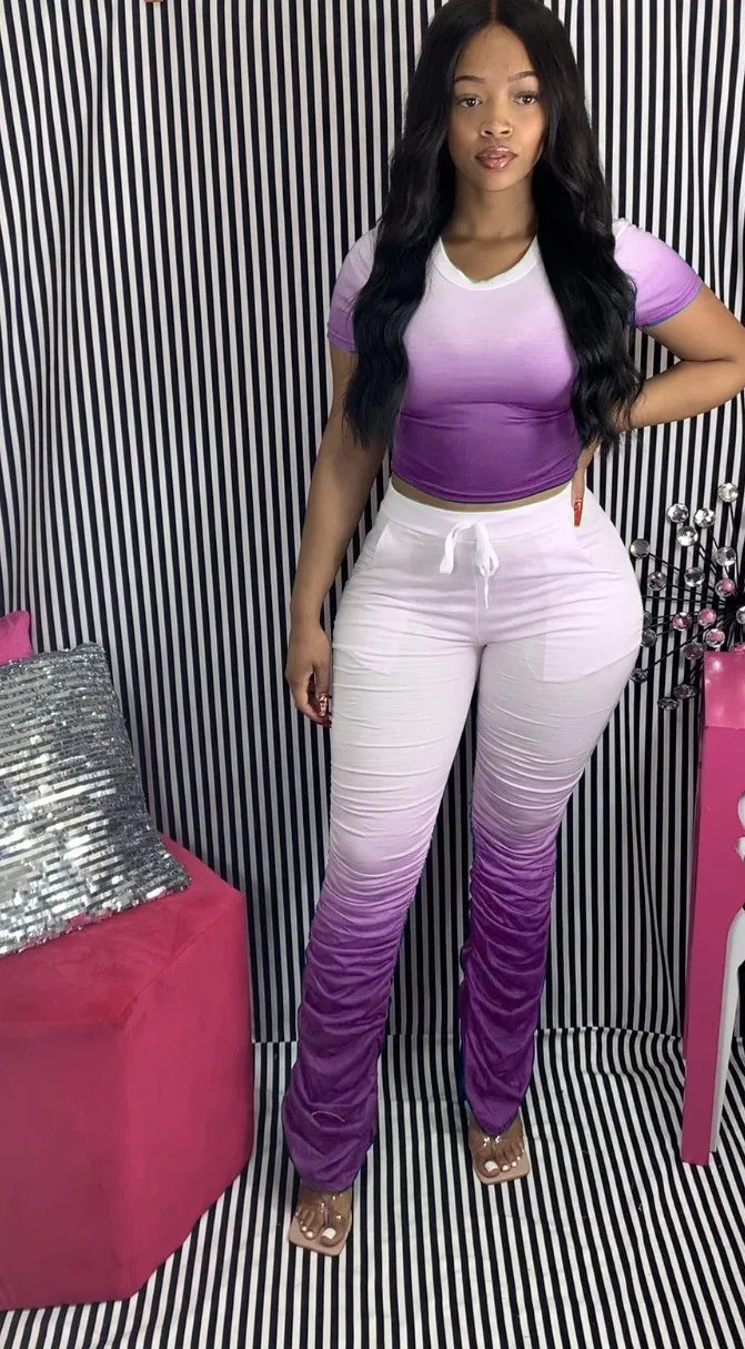 

Women Tracksuits Two Pieces Set Short Sleeve Top Long Flared Pants 2 Pieces Set Pleated Sports Suit Print Outdoor Wear