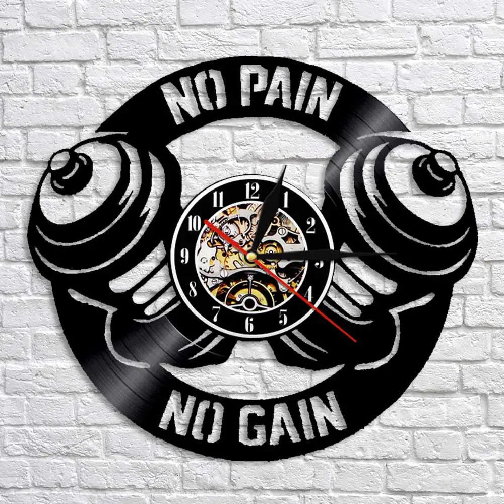 Workout Dumbbell Wall Clock No Pain Gain Cross fit Motivation GYM Fitness Sign Decor Vinyl Record Gift For Him | Дом и сад