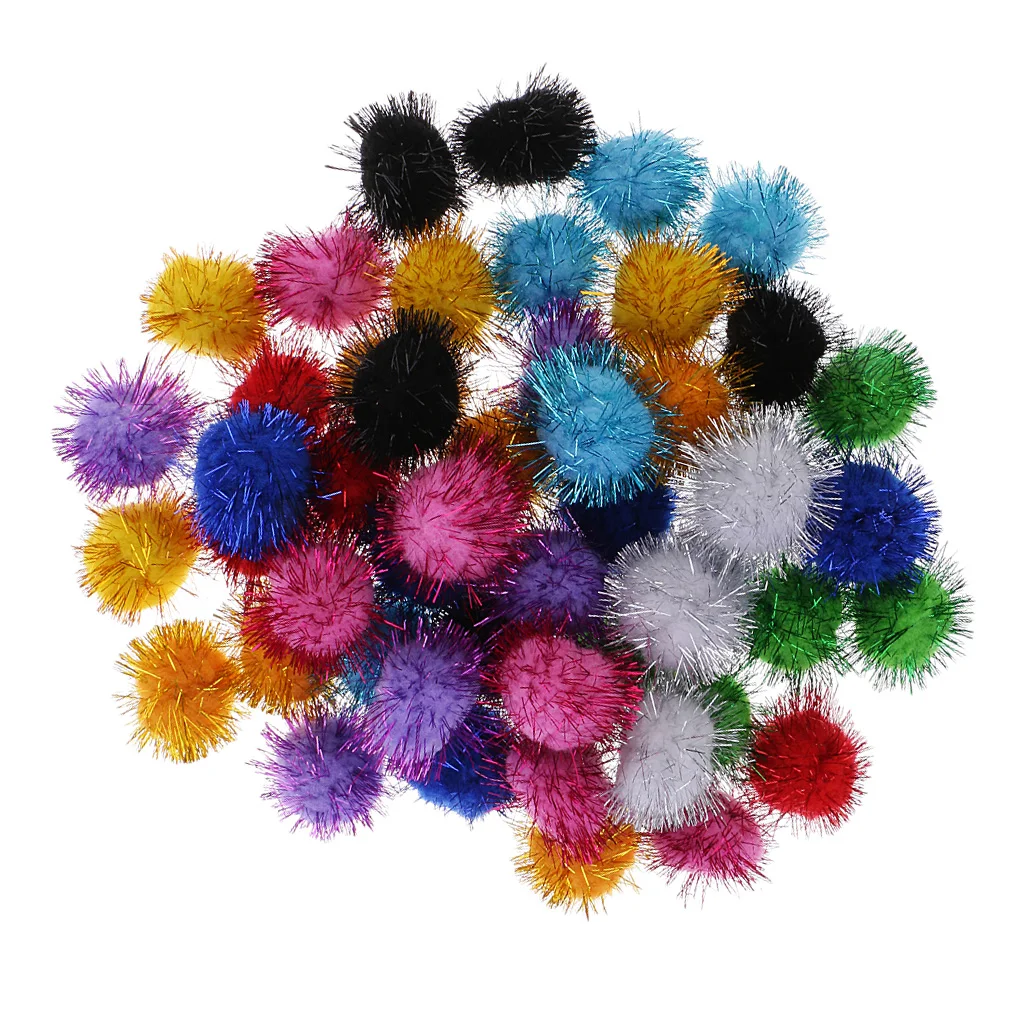 50 шт. помпоны для рукоделия блестящие сверкающие шарики разные цвета 3 5 см с