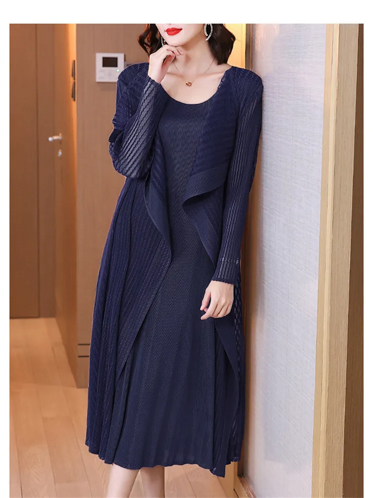 

Miyake Pleated High Fashion Two Piece Overall Dress + Lace Jacket Women French Lace Long Dress Vintage Aesthetic Clothes