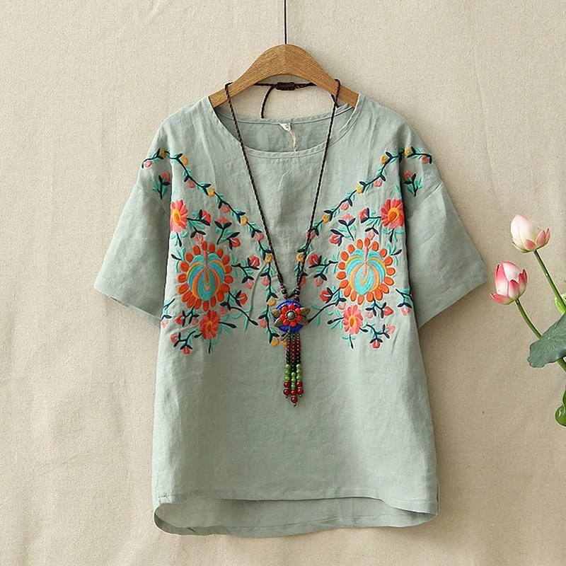 

Летняя льняная футболка Mori Girl, женские топы с цветочной вышивкой, дышащие свободные хлопковые футболки в стиле ретро, женские футболки с коротким рукавом