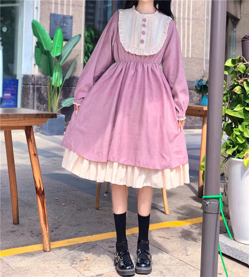 

Zaraes Japan Autumn Dresses For Women 2021 O-Neck High Waist Slimming Contrast-Color Y2k Ruffled Sweet Lolita Kawaii Dresses