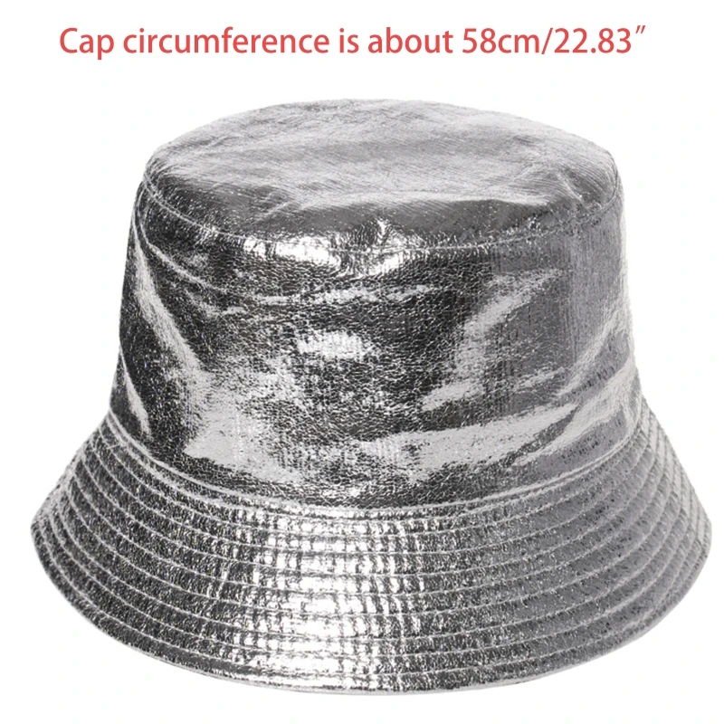 

Shiny Metallic Faux Leather Bucket Hat Reversible Hip Hop Rave Fisherman