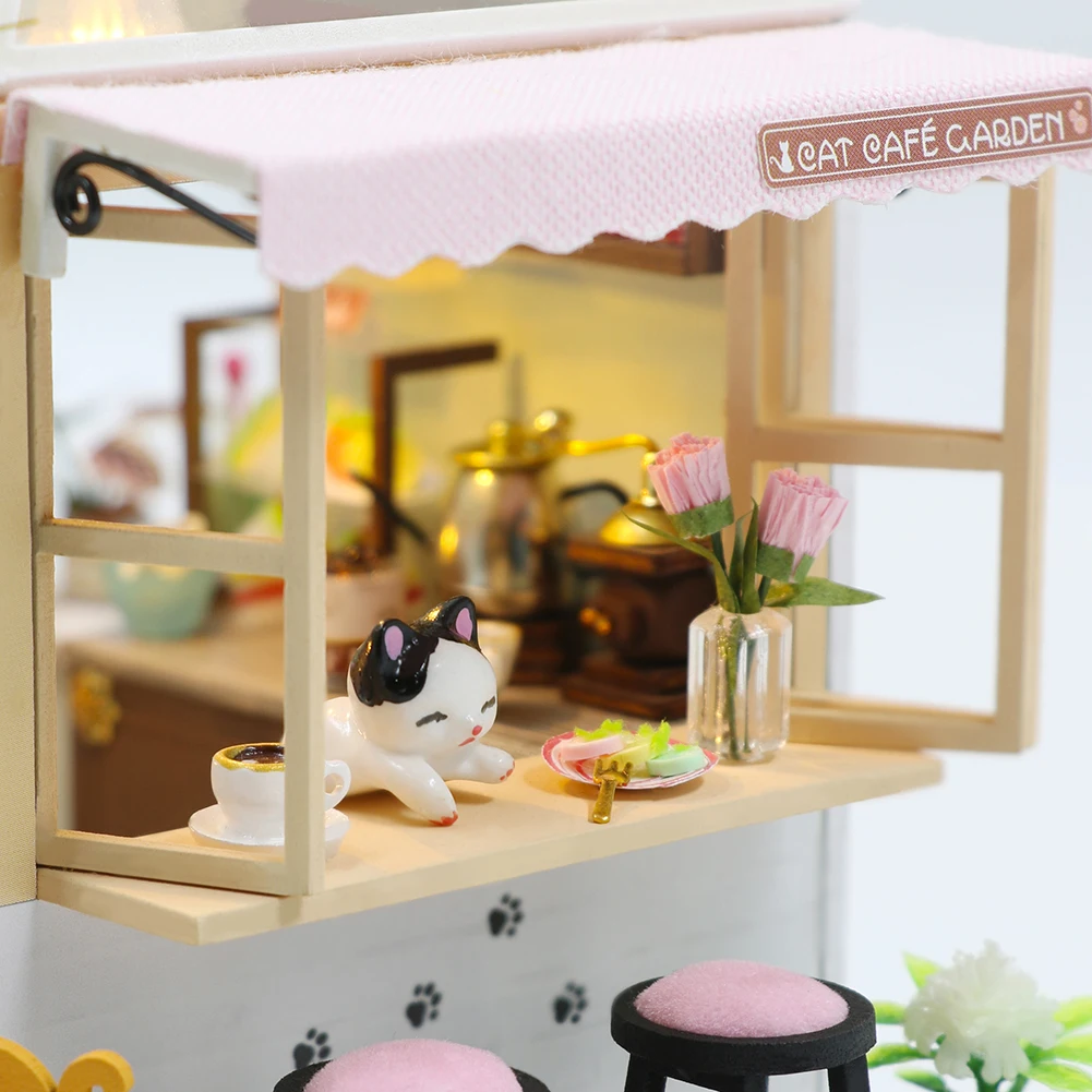diy wooden dollhouse kits miniature with furniture cute cats coffee home casa dollhouse assembled toys for girls xmas gifts mini free global shipping