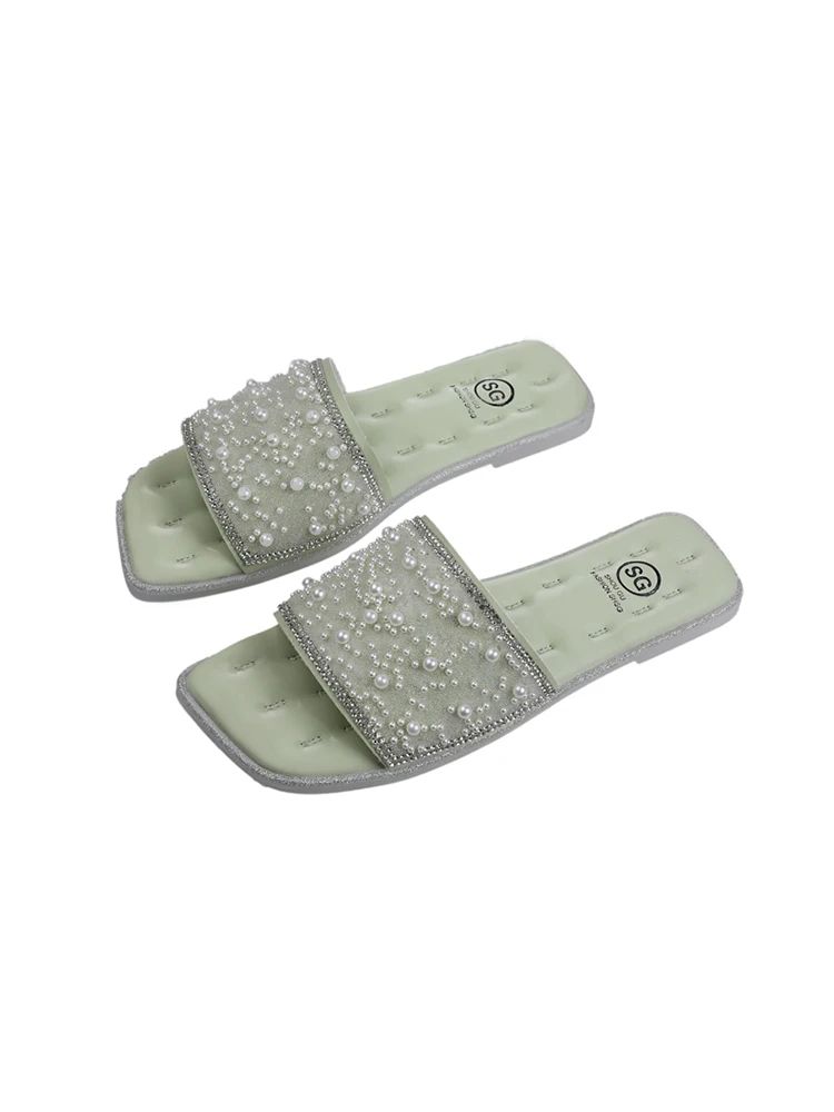 

Women's shoes slippers outdoor 2020 new summer fashion square head pearl soft bottom flat shoes