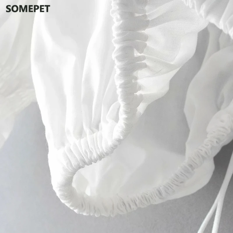 

Black White Lace Up Bow tie Sexy Short Blouse Women Summer Casual Puff Sleeve Small Shirts femme Crop Tops