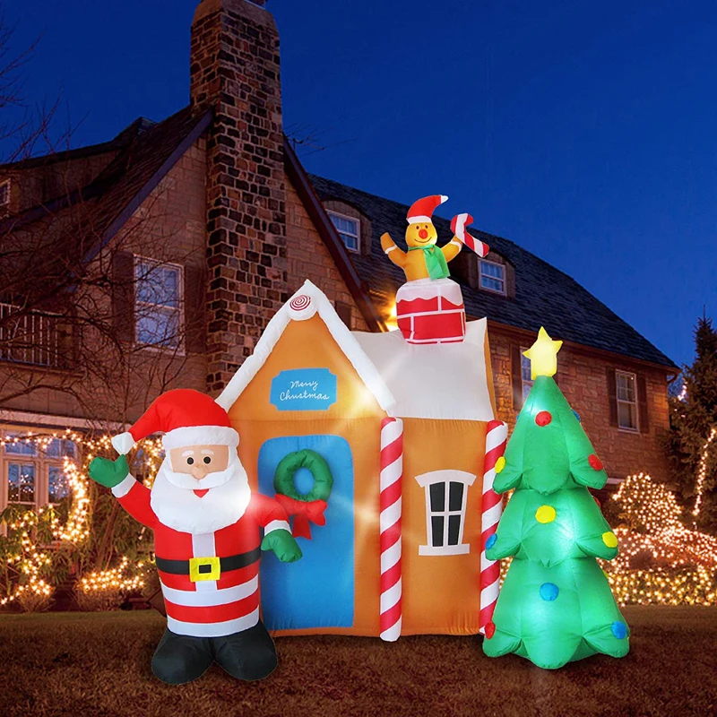 

Рождественский надувной дом Санты с рождественской елкой 6 футов с имбирным человеком, светодиодный надувной двор, украшение, игрушки для р...