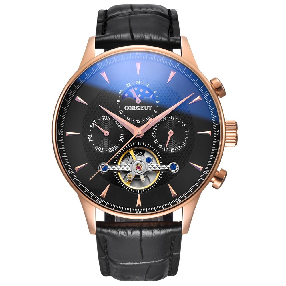 Corgeut 44 мм модные Лидирующий бренд механические светящиеся часы с черным