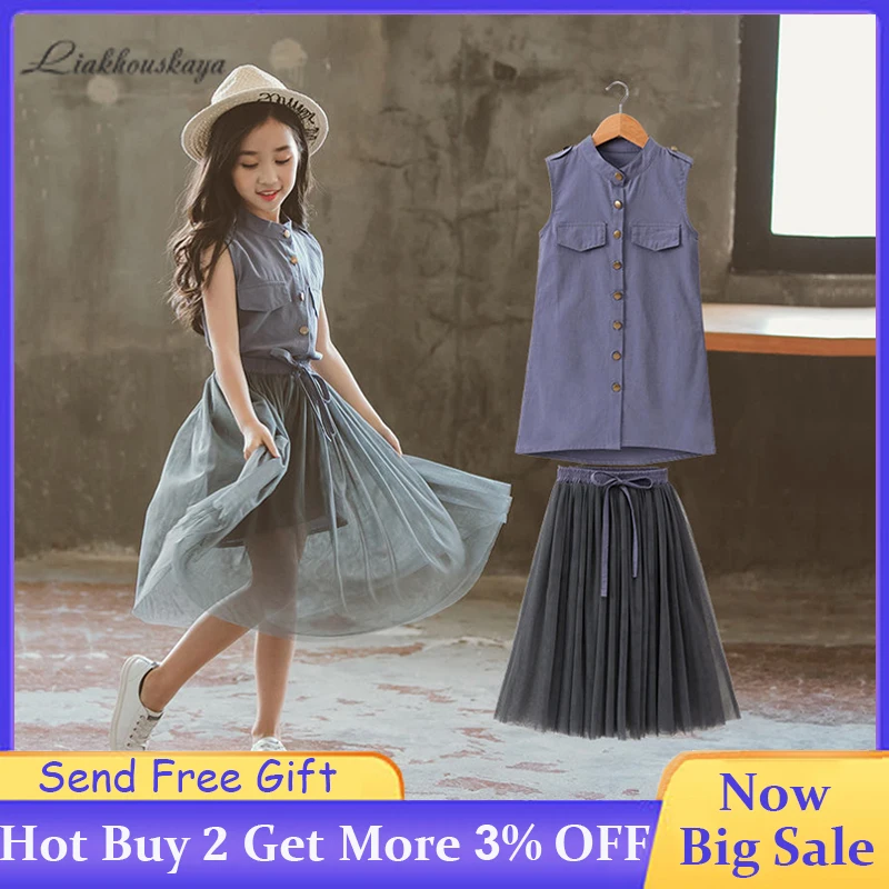 Женская одежда летние топы без рукавов на пуговицах для девочек + тюлевые юбки
