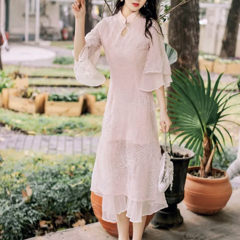 

Women French Platycodon skirt Cheongsam Improved Elegant Embroidery Long Dresses Floral Dress Chinese Female Quality Clothing